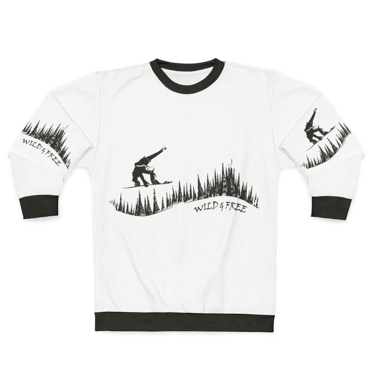 Snowboarder jumping in a snowy fir forest