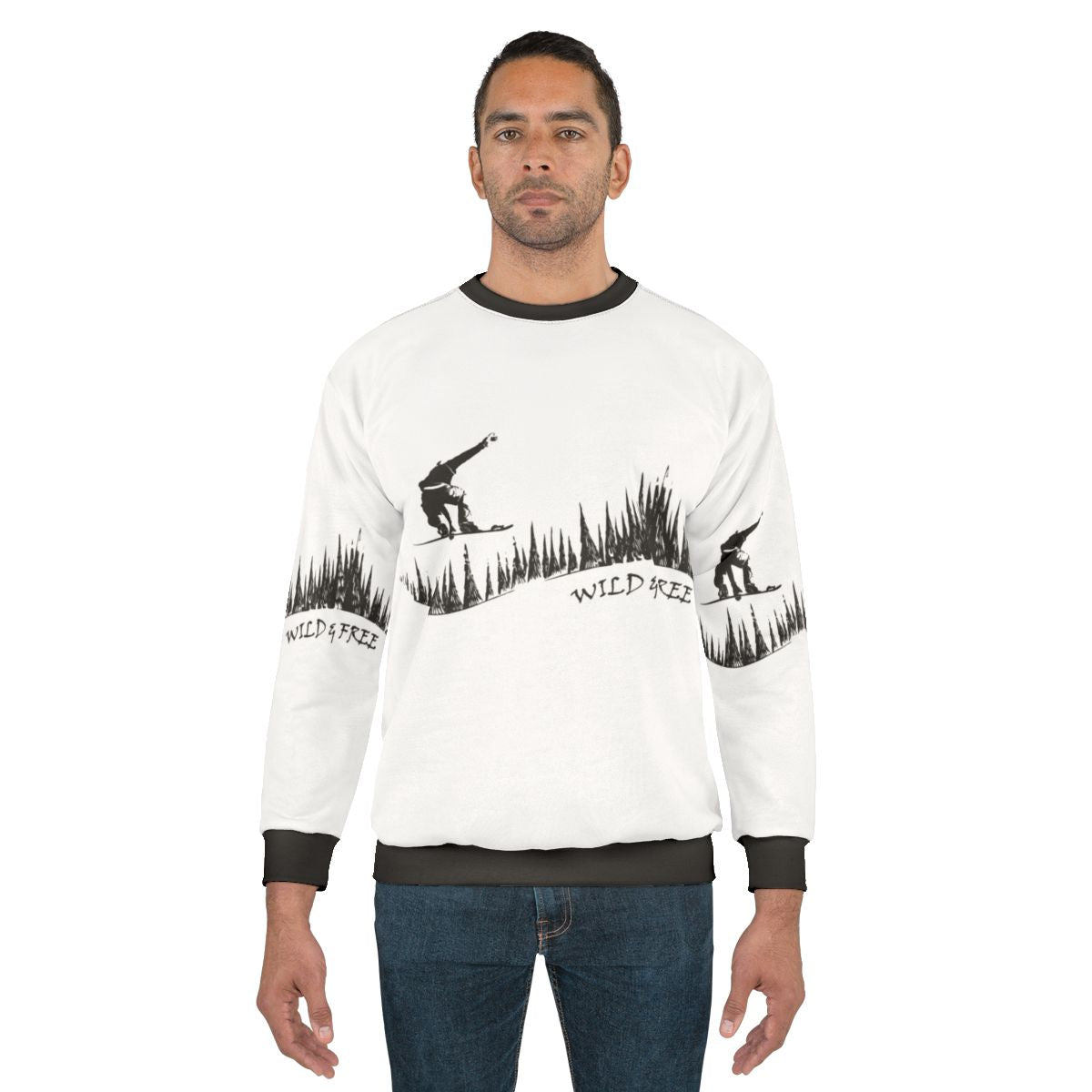 Snowboarder jumping in a snowy fir forest