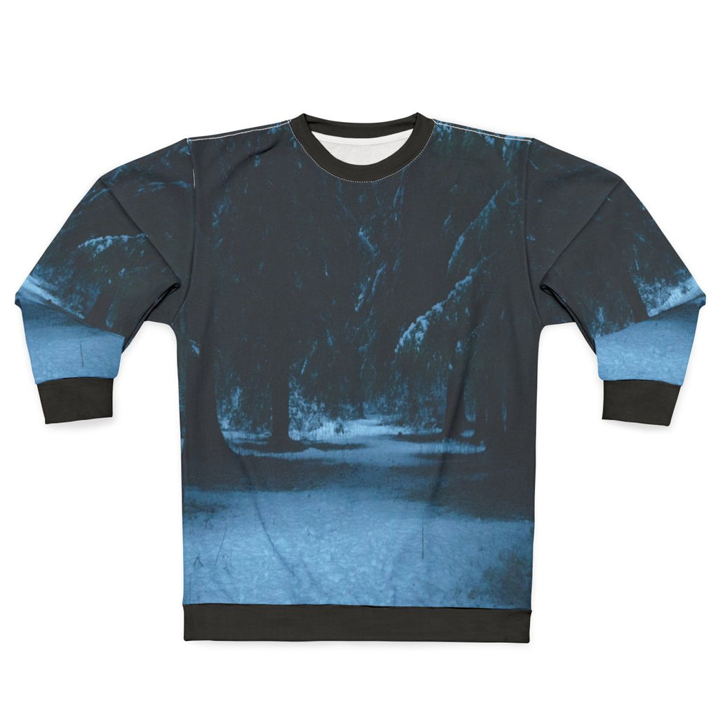Snowy woods sweatshirt featuring a winter landscape design
