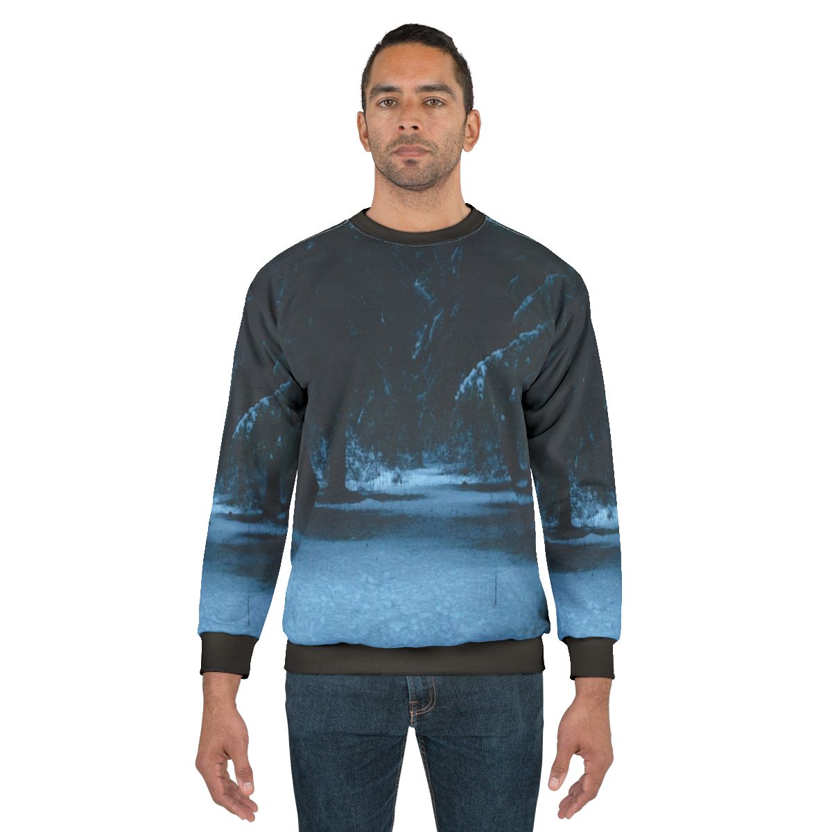 Snowy woods sweatshirt featuring a winter landscape design