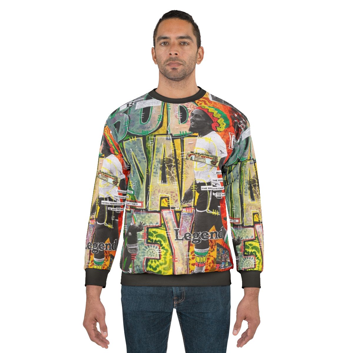 Rasta-inspired soccer legend collage sweatshirt
