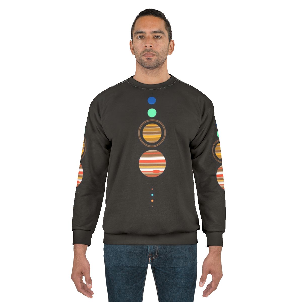 Solar system sweatshirt with minimalist planet and star design
