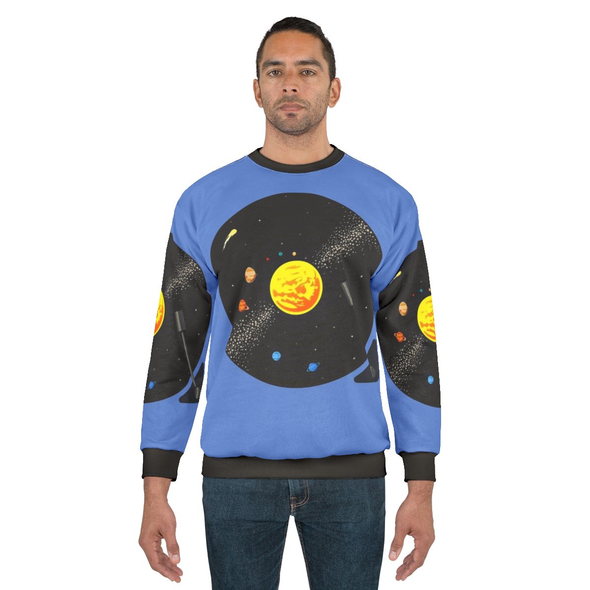 Cosmic Vinyl Record Sweatshirt with Solar System Design