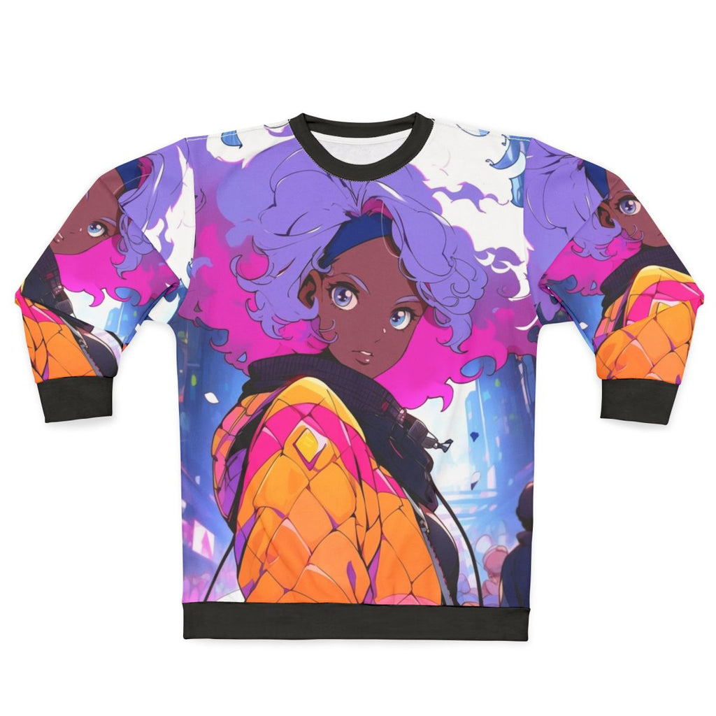 A black sweatshirt with a lofi, reflective design that celebrates chill vibes, black style, and LGBTQ+ pride.
