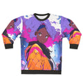 A black sweatshirt with a lofi, reflective design that celebrates chill vibes, black style, and LGBTQ+ pride.
