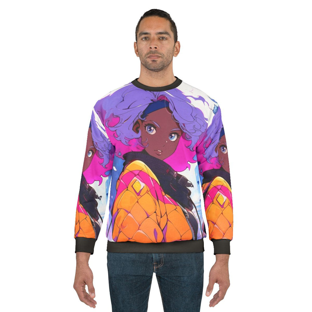 A black sweatshirt with a lofi, reflective design that celebrates chill vibes, black style, and LGBTQ+ pride.