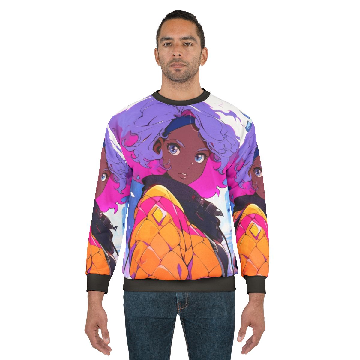 A black sweatshirt with a lofi, reflective design that celebrates chill vibes, black style, and LGBTQ+ pride.