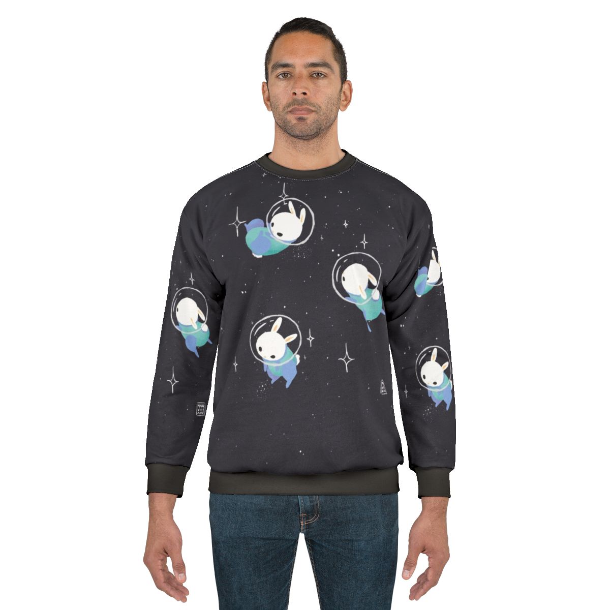 A cute and cozy sweatshirt featuring digital illustrations of adorable space bunnies and rabbits exploring the cosmos