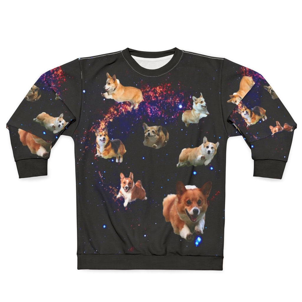 Space Corgis Sweatshirt featuring a trippy, celestial design with a cute corgi