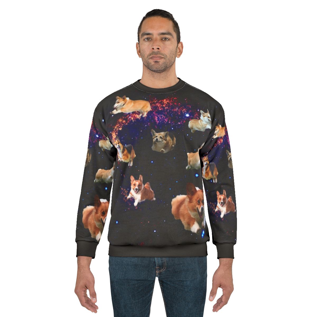 Space Corgis Sweatshirt featuring a trippy, celestial design with a cute corgi