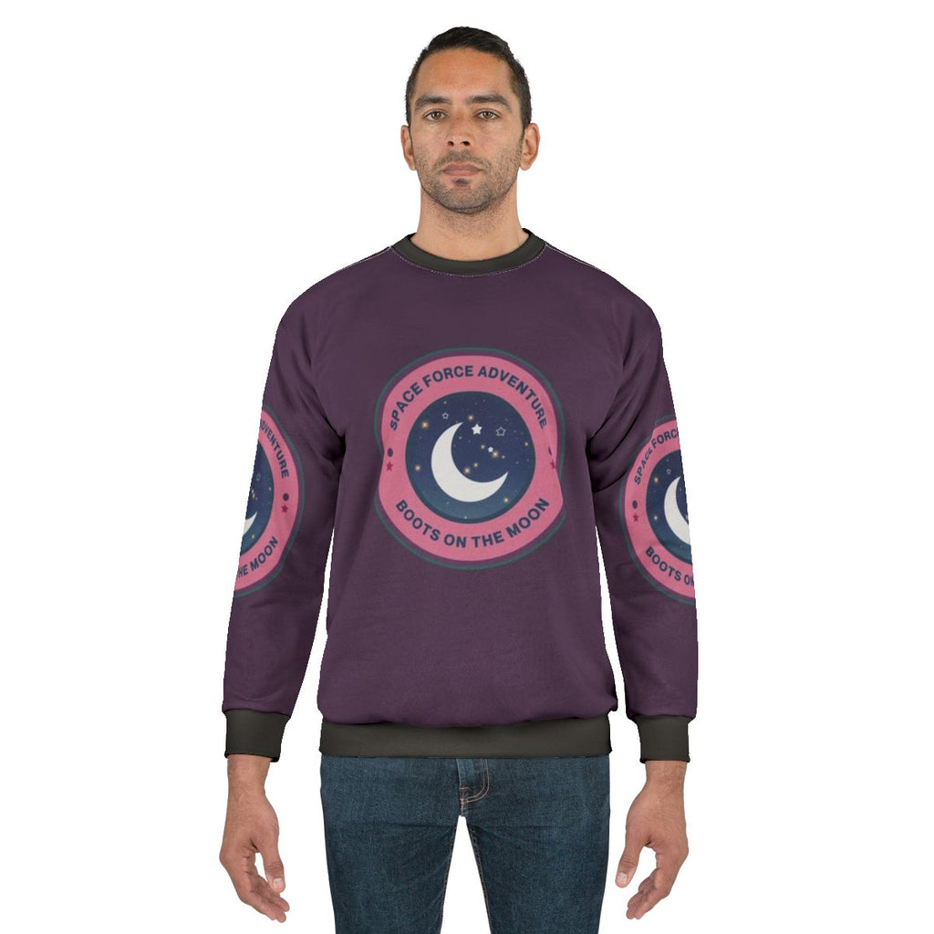 Space Force Adventure Boots On The Moon Sweatshirt with Galaxy Print Design