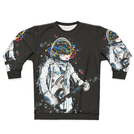 Cosmic Guitar Sweatshirt featuring an astronaut playing an air guitar in space