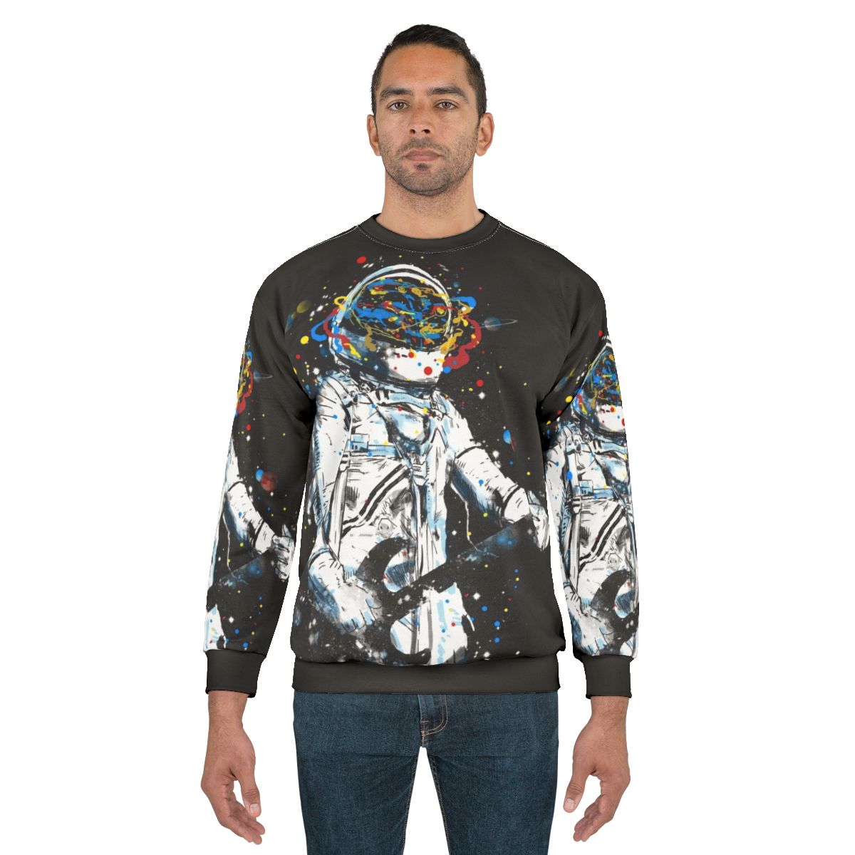 Cosmic Guitar Sweatshirt featuring an astronaut playing an air guitar in space