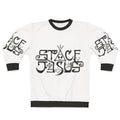 Space Jesus logo graphic on a black sweatshirt