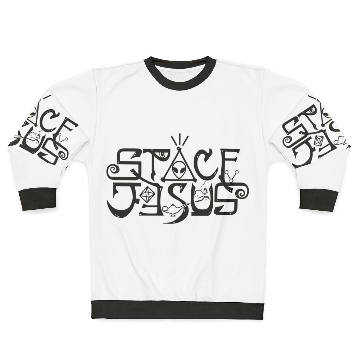 Space Jesus logo graphic on a black sweatshirt