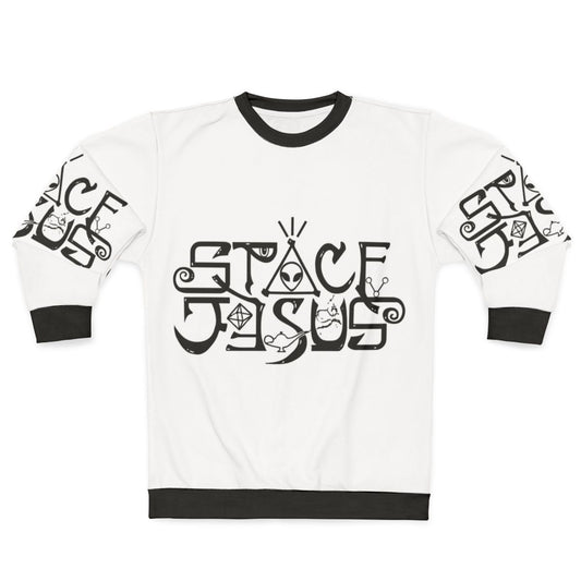Space Jesus logo graphic on a black sweatshirt