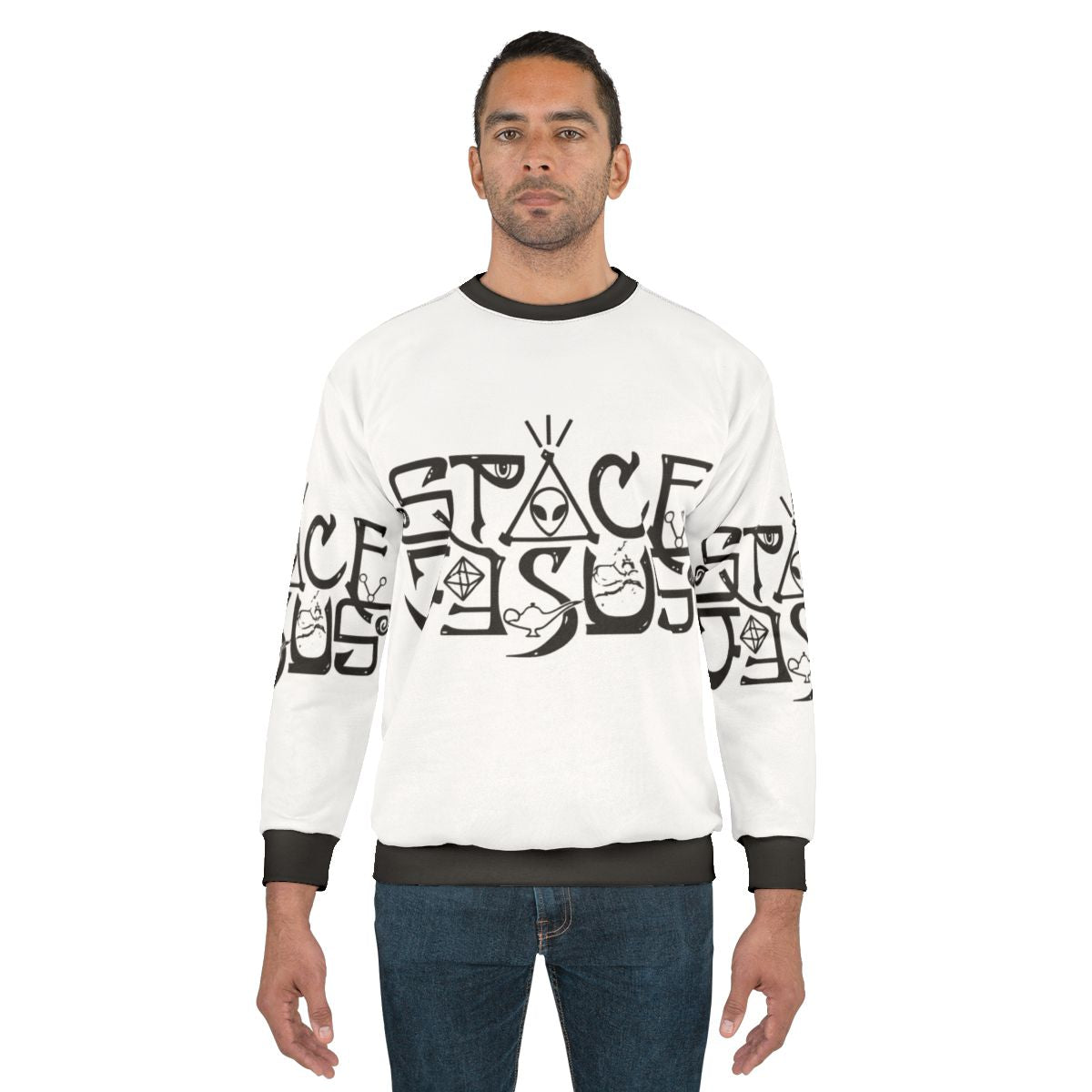 Space Jesus logo graphic on a black sweatshirt