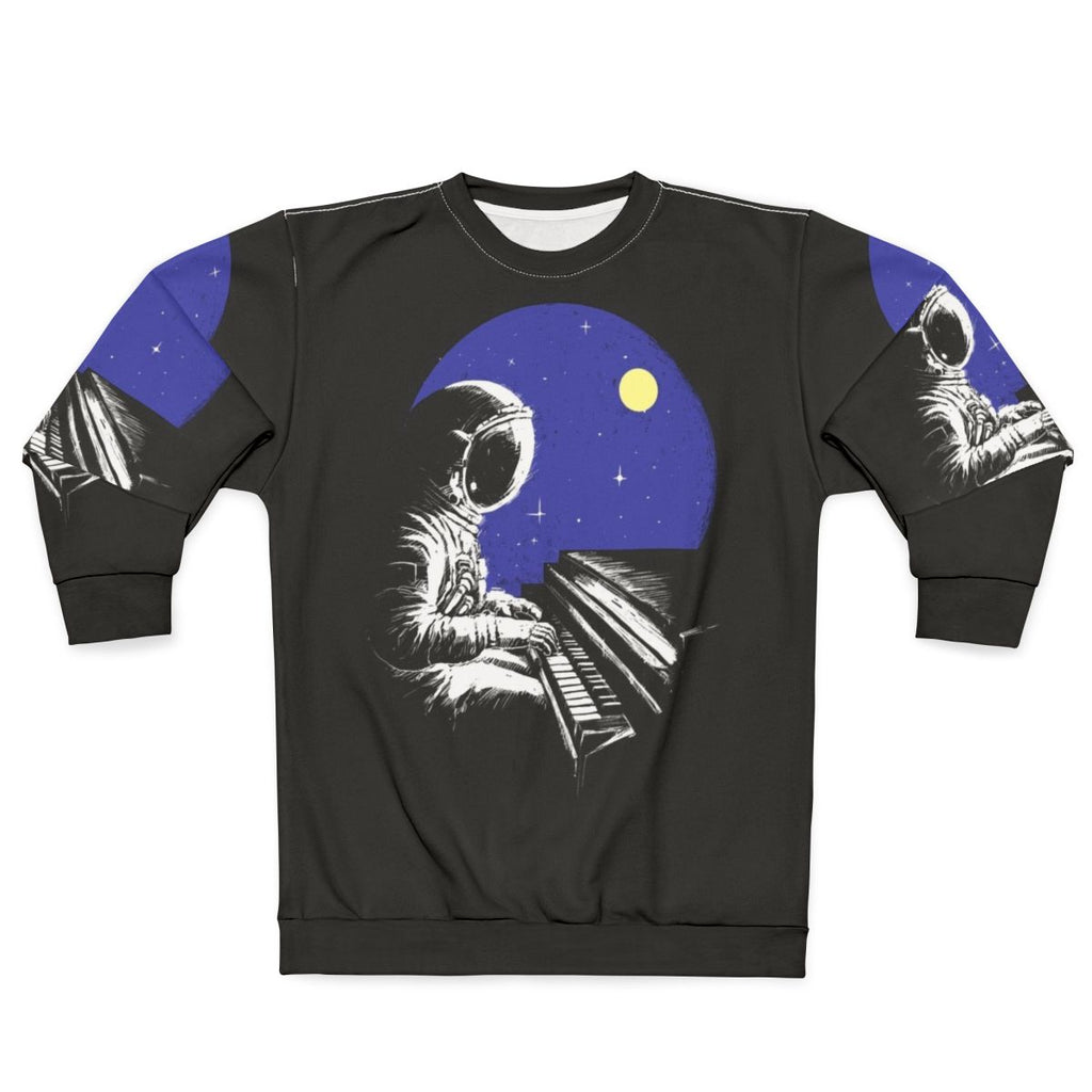 Space music sweatshirt with urban cityscape and musical notes