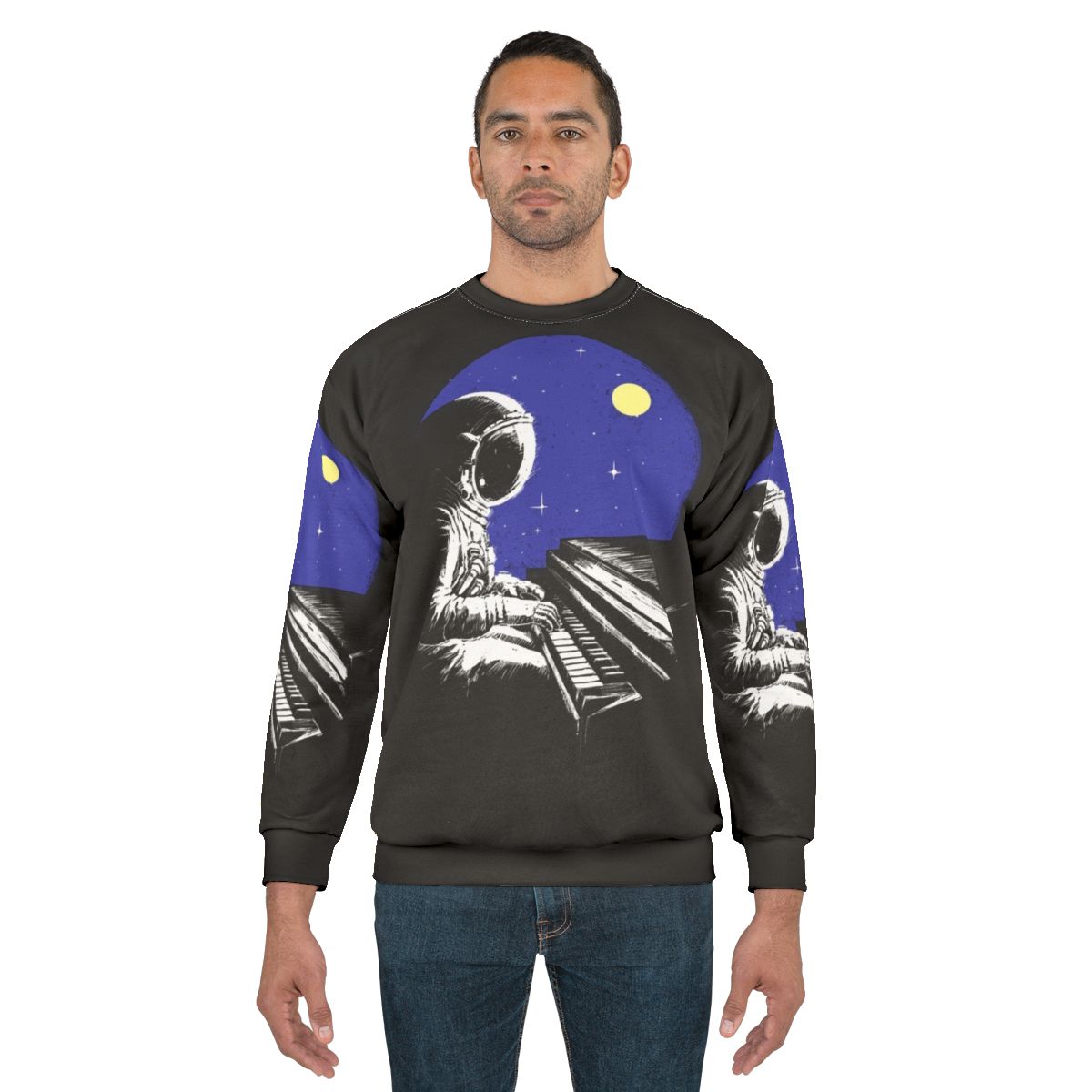 Space music sweatshirt with urban cityscape and musical notes