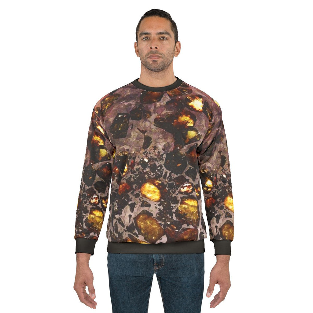 Cosmic Pallasite Sweatshirt featuring a pattern of space rocks and meteorites