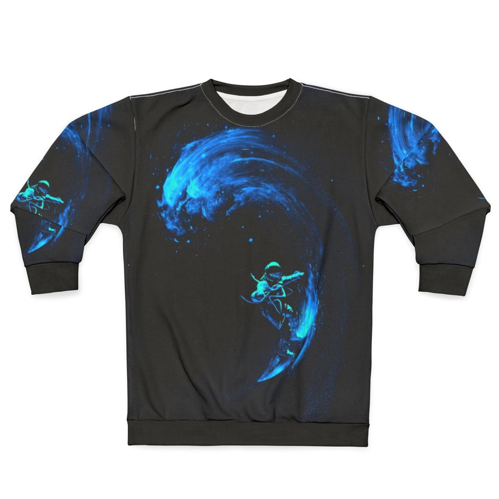 Cosmic Space Surfing Sweatshirt with galaxy, stars and astronaut design