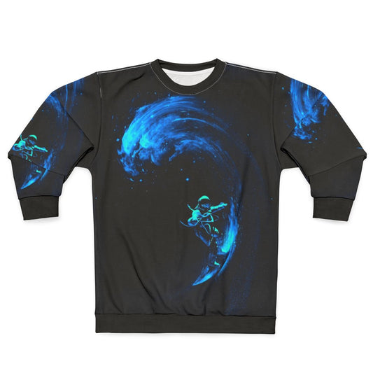 Cosmic Space Surfing Sweatshirt with galaxy, stars and astronaut design