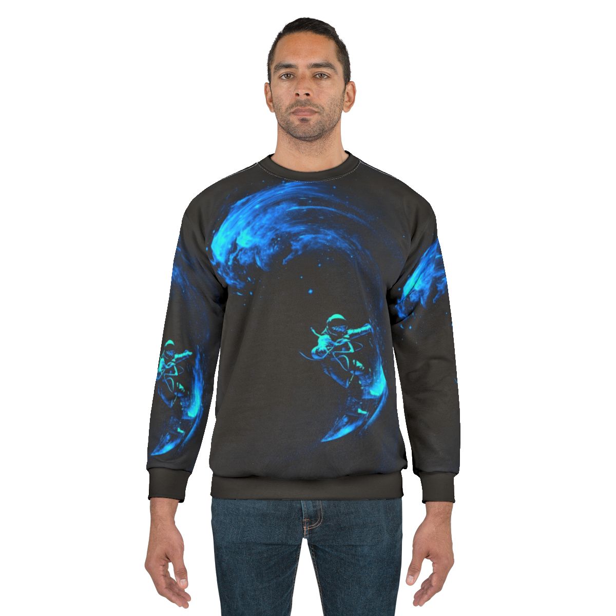 Cosmic Space Surfing Sweatshirt with galaxy, stars and astronaut design