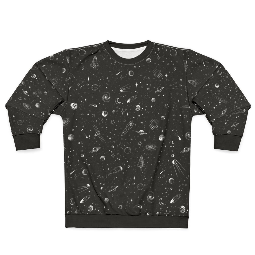 Stylish space-themed sweatshirt with galaxy and cosmic patterns