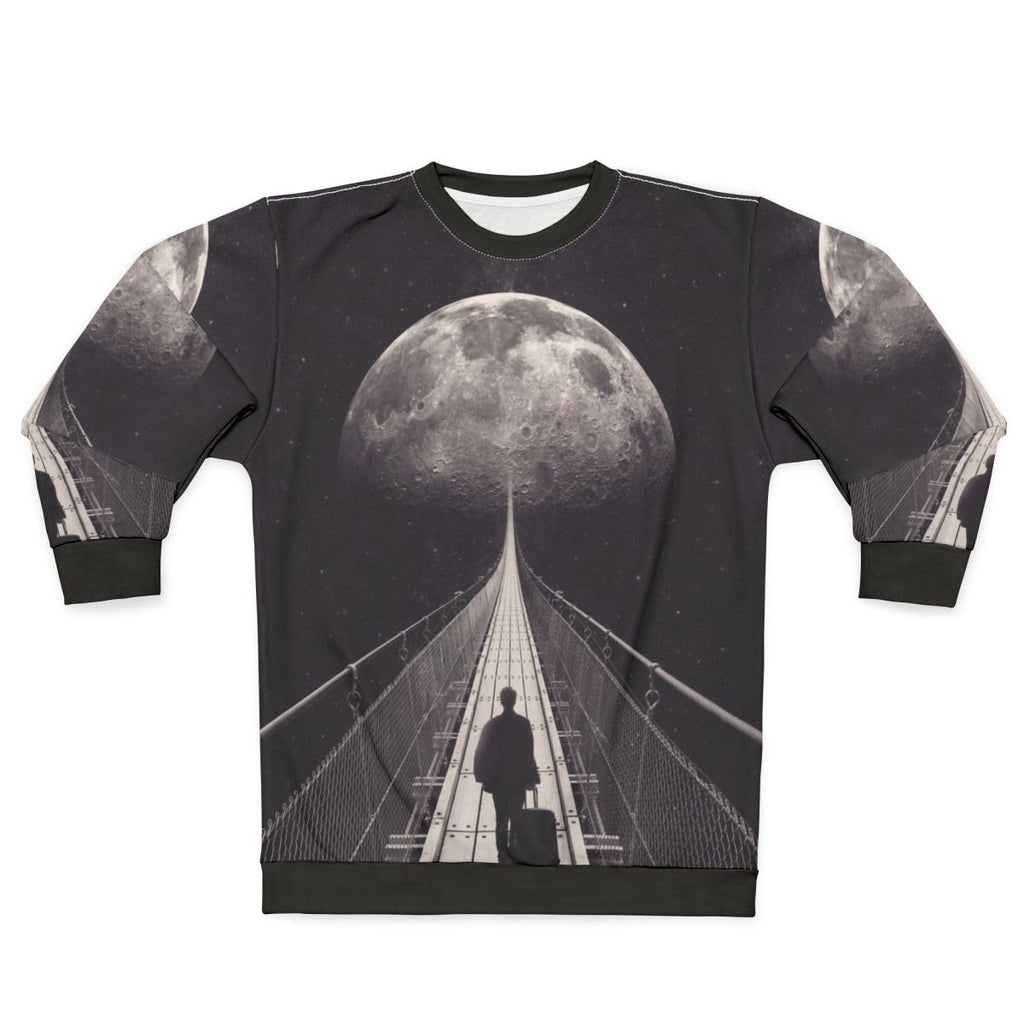 Man in space-themed sweatshirt floating in galaxy