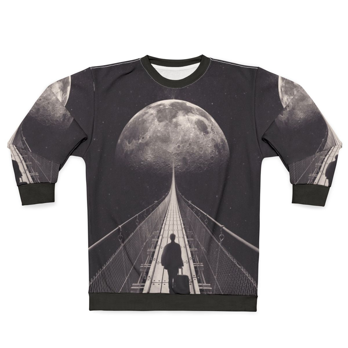 Man in space-themed sweatshirt floating in galaxy