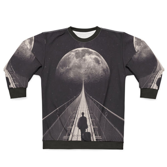 Man in space-themed sweatshirt floating in galaxy