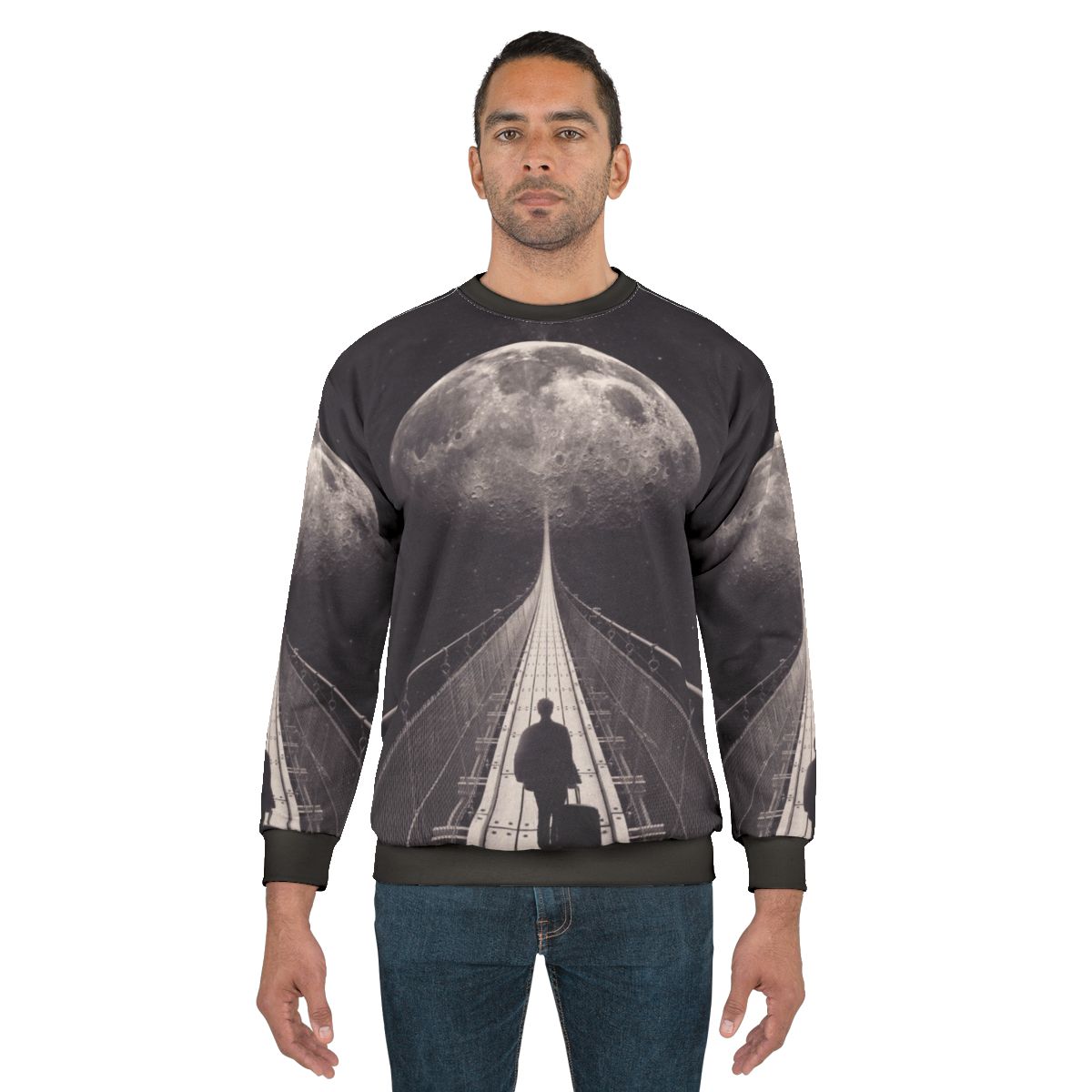 Man in space-themed sweatshirt floating in galaxy