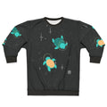 A sweatshirt featuring a playful space turtle design with stars and planets