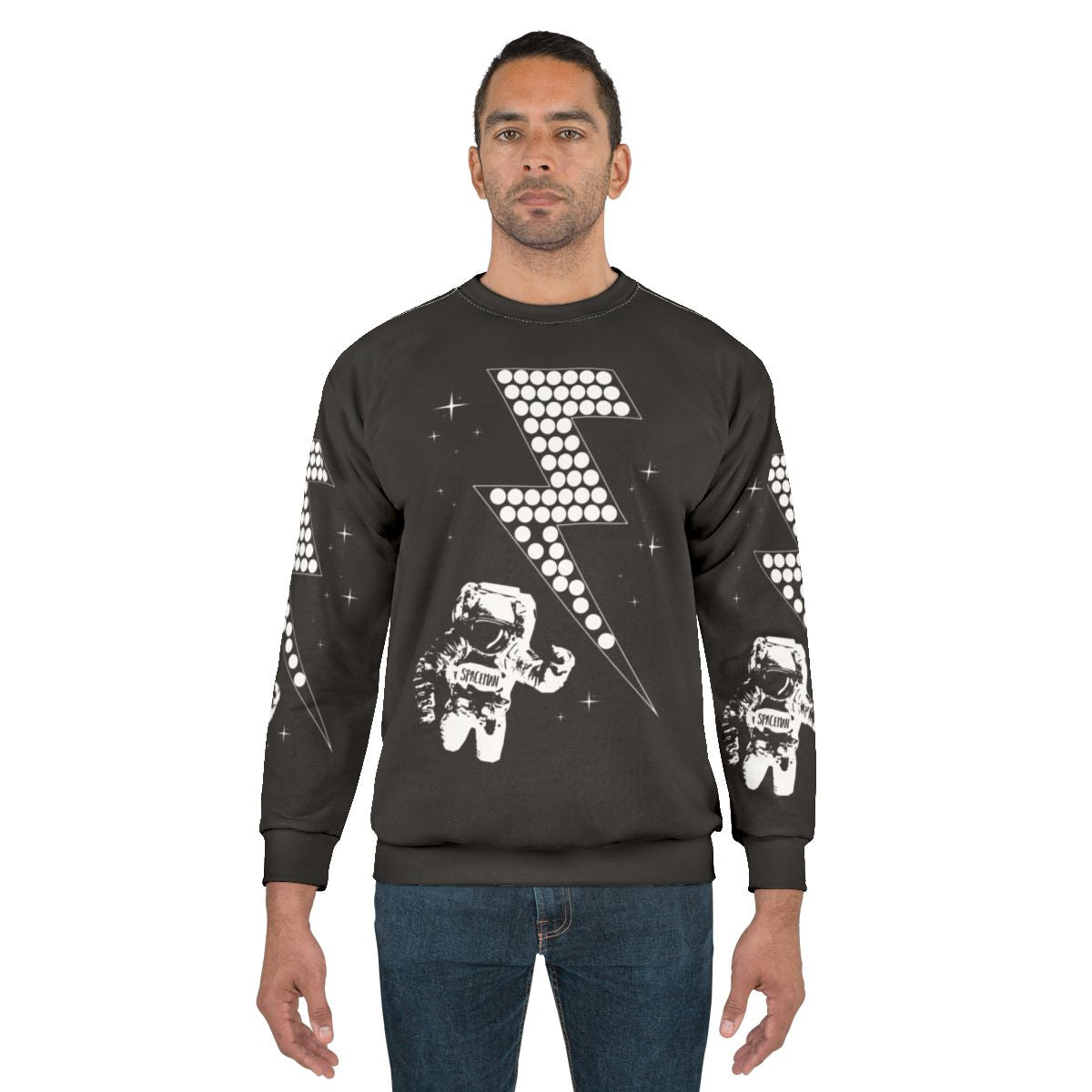 Spaceman Sweatshirt with Lightning Bolt and Star Design