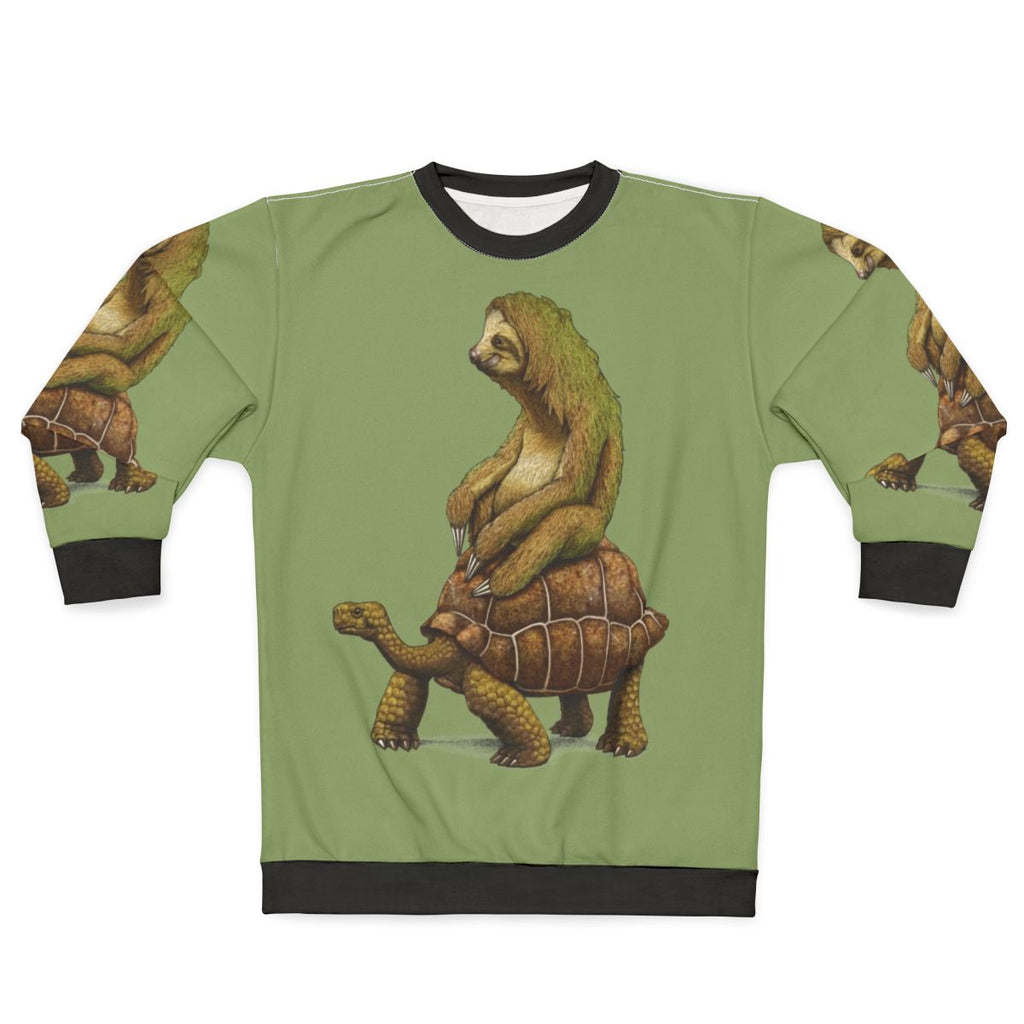 "Sloth and turtle graphic on a cozy sweatshirt"