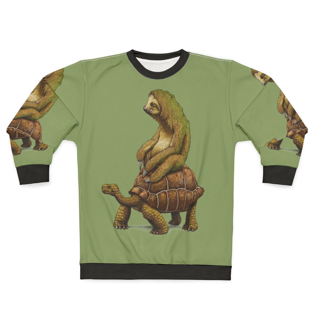 "Sloth and turtle graphic on a cozy sweatshirt"