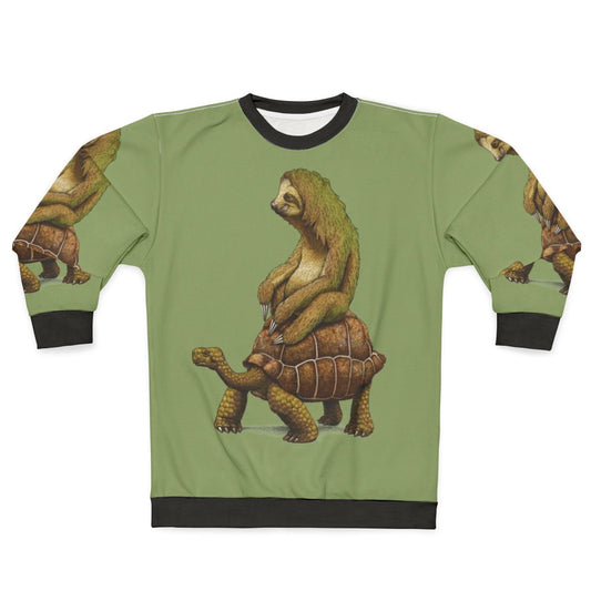 "Sloth and turtle graphic on a cozy sweatshirt"