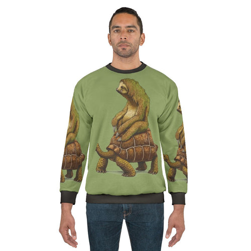 "Sloth and turtle graphic on a cozy sweatshirt"