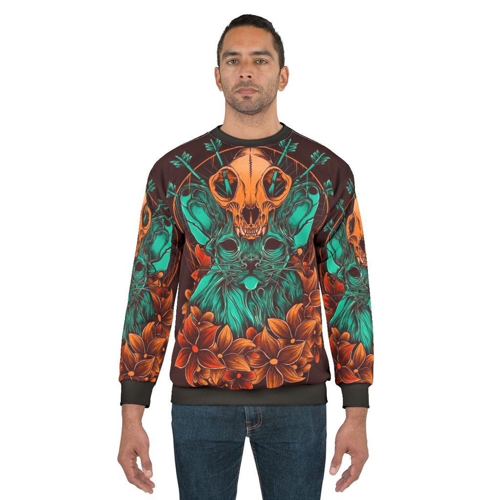 Sphynx Sweatshirt featuring a detailed cat skull graphic