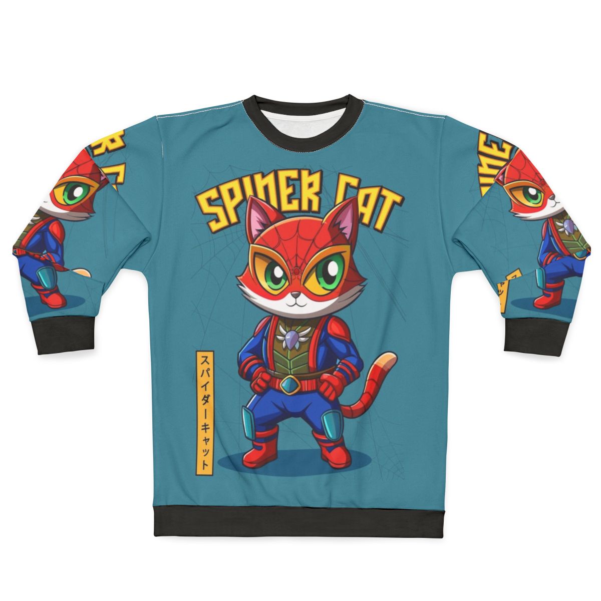 Spider Cat Sweatshirt featuring a superhero feline in a Japanese cartoon style