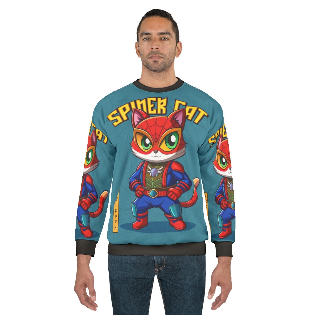 Spider Cat Sweatshirt featuring a superhero feline in a Japanese cartoon style