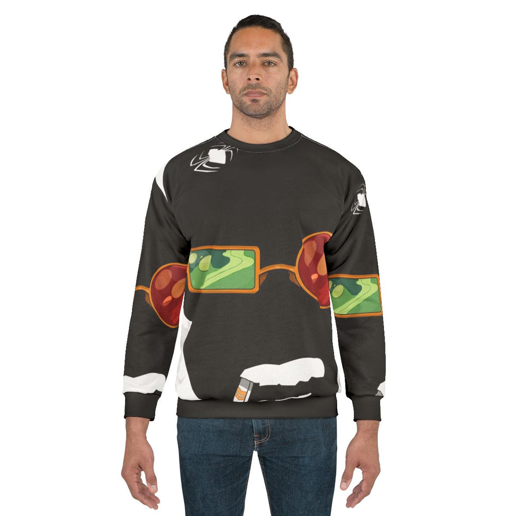 Spider graphic on a gray sweatshirt