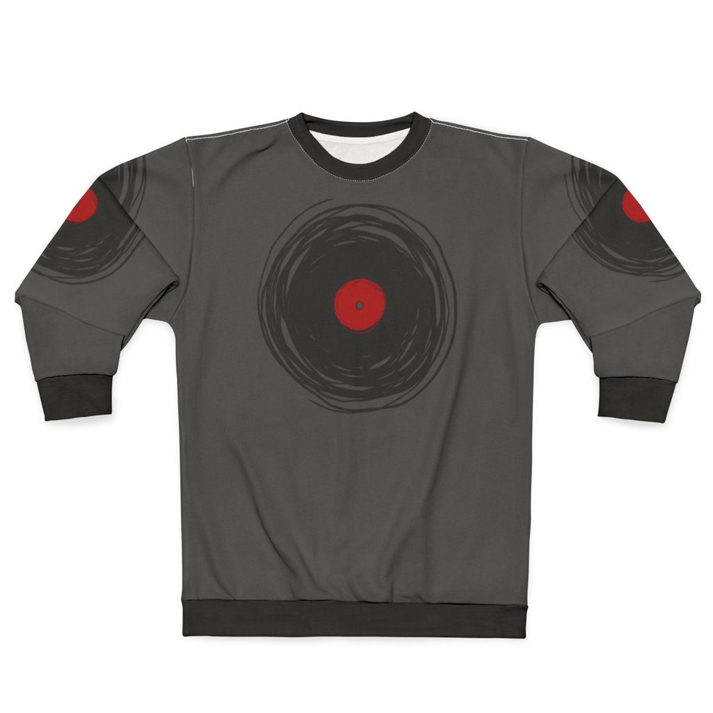 Spinning vinyl record graphic on a grey sweatshirt