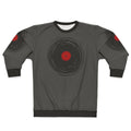 Spinning vinyl record graphic on a grey sweatshirt