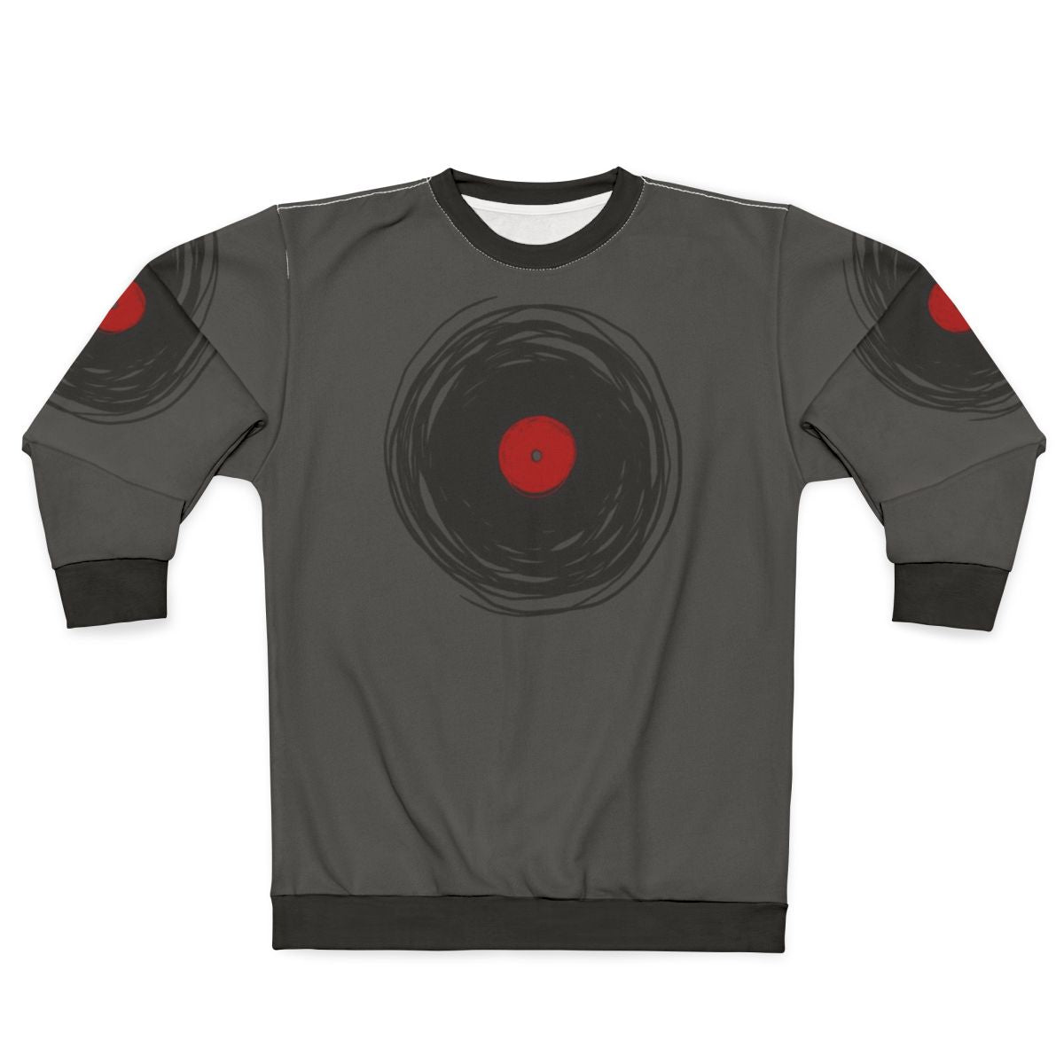 Spinning vinyl record graphic on a grey sweatshirt