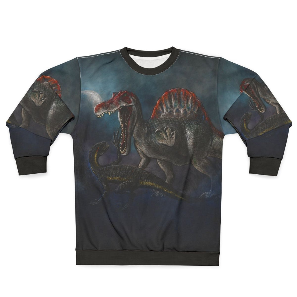 Spinosaurus vs Indominus Rex dinosaur battle graphic on a sweatshirt