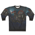 Spinosaurus vs Indominus Rex dinosaur battle graphic on a sweatshirt