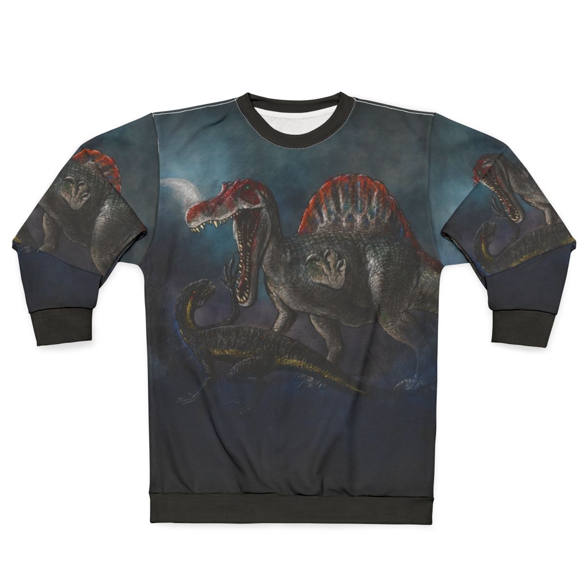 Spinosaurus vs Indominus Rex dinosaur battle graphic on a sweatshirt