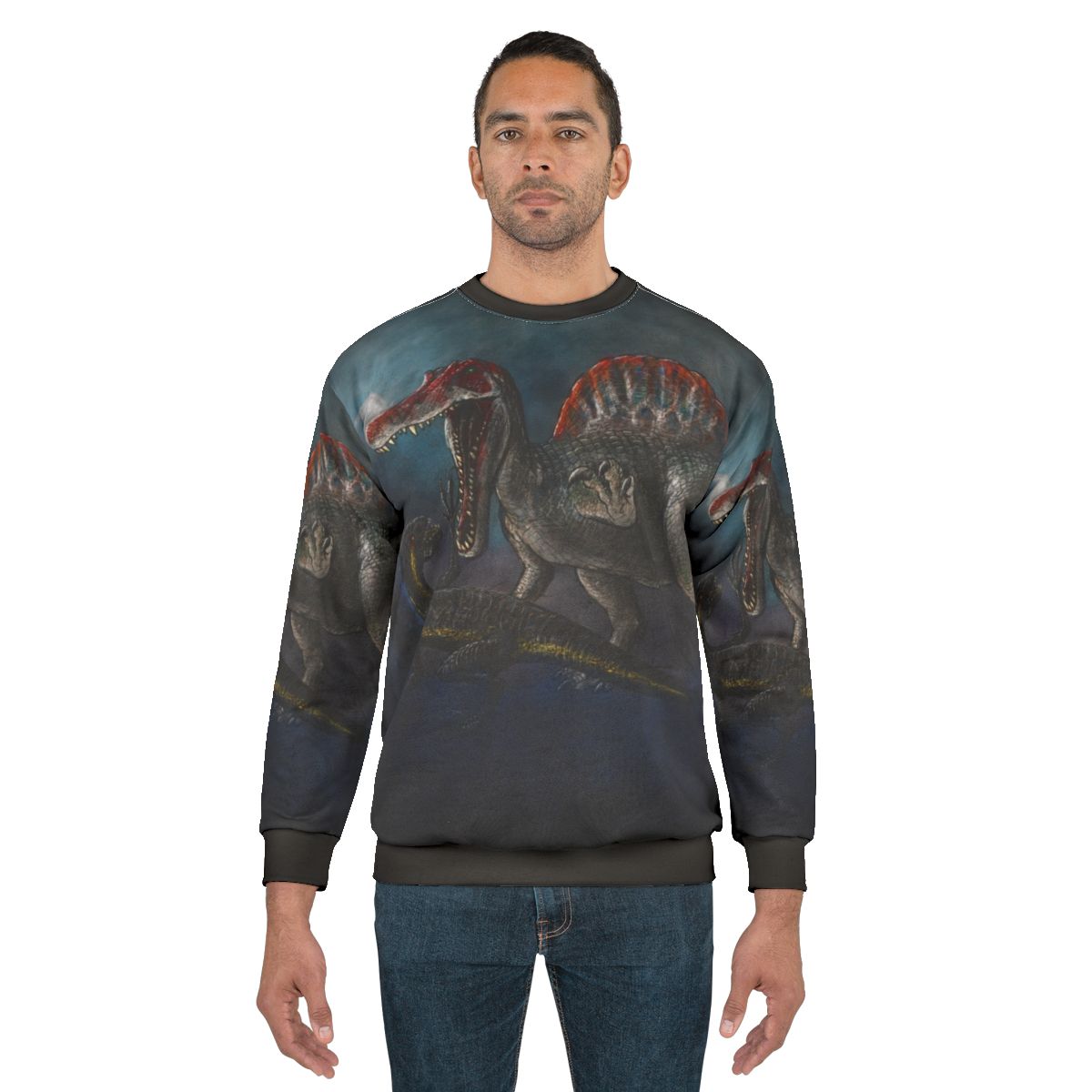 Spinosaurus vs Indominus Rex dinosaur battle graphic on a sweatshirt