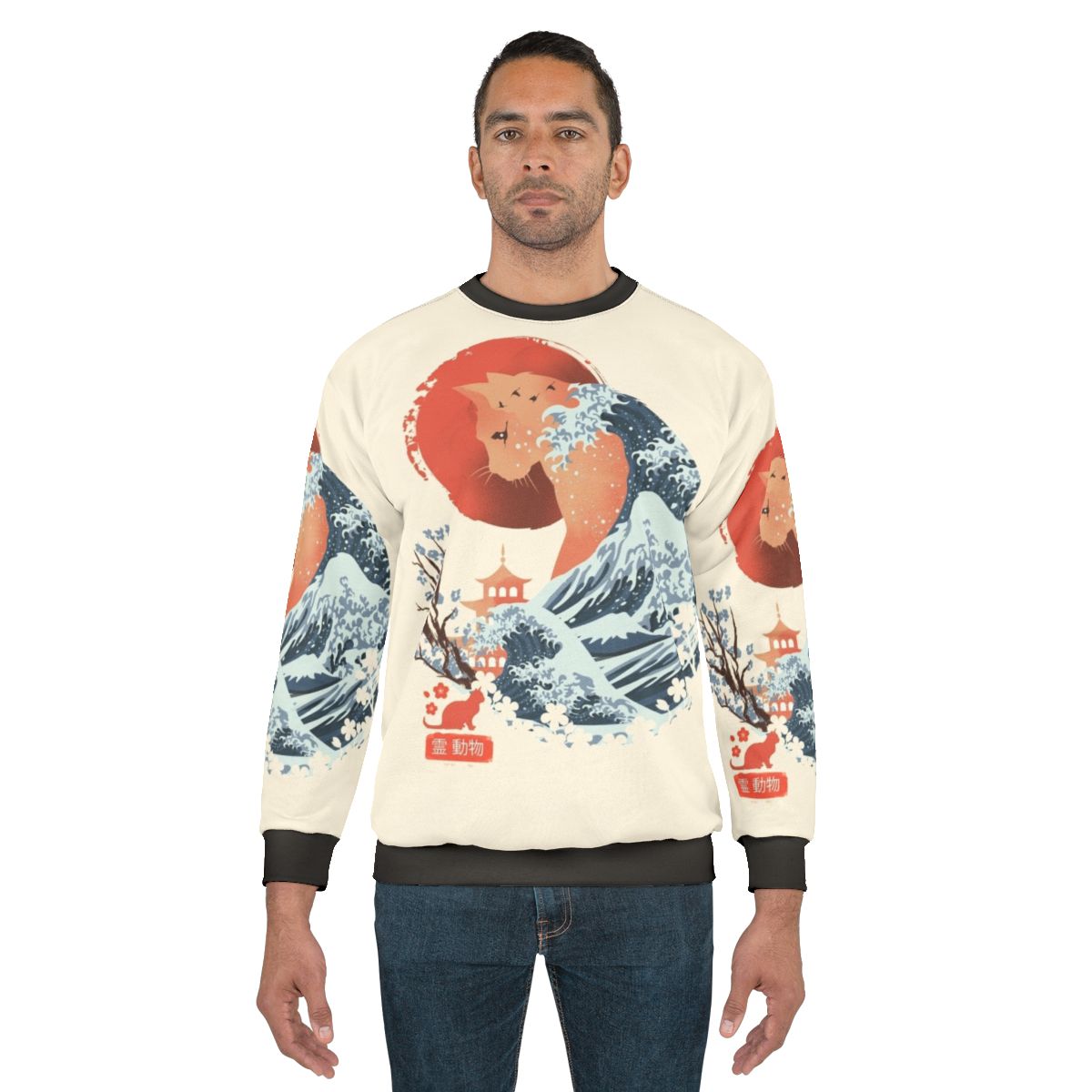 Ukiyo-e inspired cat sweatshirt with Japanese art design